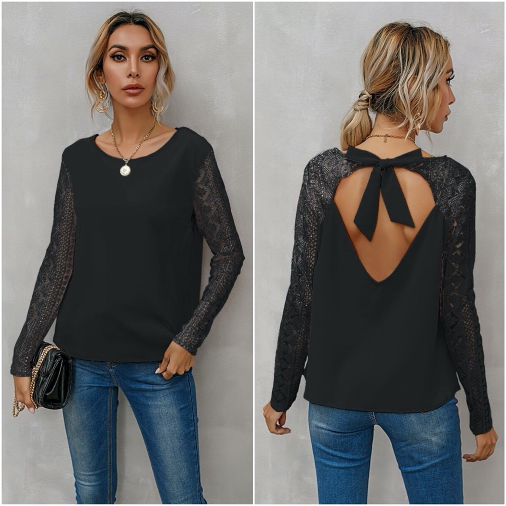 embroidered sheer long sleeve top open bacK black - Picture 1 of 10